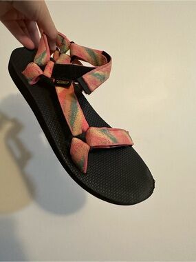 Teva Women's Sandal with Pink and Green Straps, size 10